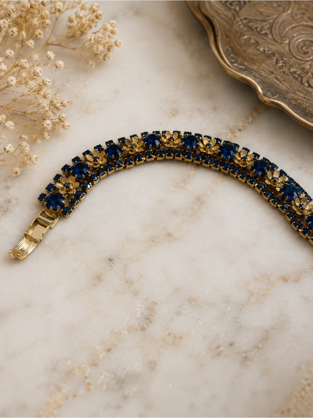 Vintage Gold Tone Floral Bracelet with Deep Blue Glass Crystal 7.5 - Picture 2 of 7